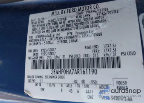 2010 Ford Fusion Se из США, поврежденный, VIN 3FAHP0HA7AR161190